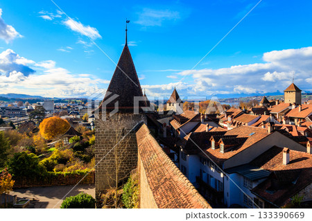Aerial view of the old town of Murten city at autumn, Switzerland 133390669