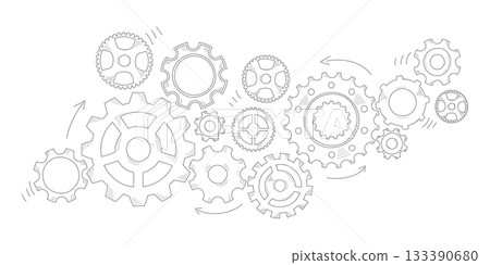 Hand drawn gear cogwheel. Doodle sketch style color gear mechanism. Concept of business idea, teamwork, progress background. Doodle cog 133390680