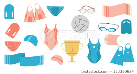 Set of swim sport equipment, towel, swimsuit, goggles and flippers 133390684