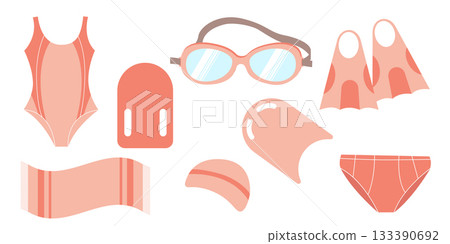 Set of swim sport equipment, towel, swimsuit, goggles and flippers 133390692