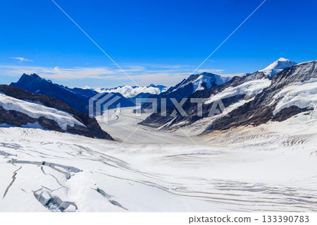View of Great Aletsch Glacier, the largest glacier in the Alps and UNESCO heritage, in Canton of Valais, Switzerland View of Great Aletsch Glacier, the largest glacier in the Alps and UNESCO heritage, in Canton of Valais, Switzerland 133390783