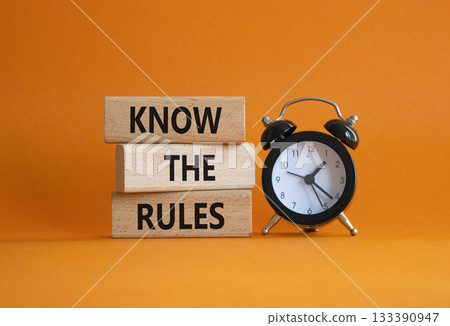 Know the rules symbol. Wooden blocks with words Know the rules. Beautiful orange background with alarm clock. Business and Know the rules concept. Copy space. 133390947