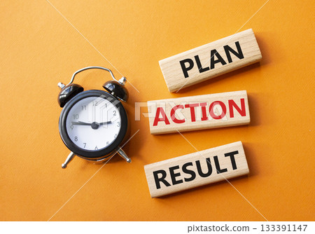 Plan Action Result symbol. Concept words Plan Action Result on wooden blocks. Beautiful orange background with alarm clock. Business concept and Plan Action Result. Copy space. 133391147