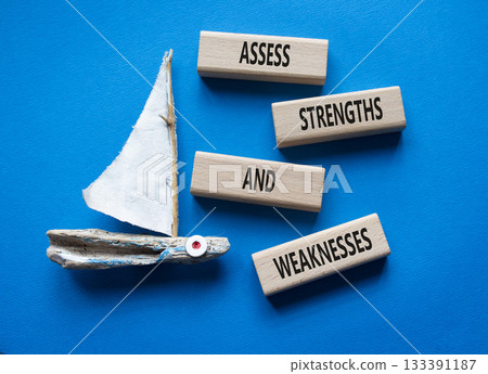 Strengths and Weaknesses symbol. Wooden blocks with words Assess Strengths and Weaknesses. Beautiful blue background with boat. Business and Assess Strengths and Weaknesses concept. Copy space. Strengths and Weaknesses symbol. Wooden blocks with words Assess Strengths and Weaknesses. Beautiful blue background with boat. Business and Assess Strengths and Weaknesses concept. Copy space. 133391187