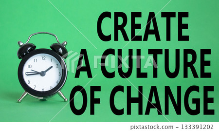 Create a culture of Change symbol. Beautiful green background with alarm clock. Business and Create a culture of Change concept. Copy space. 133391202