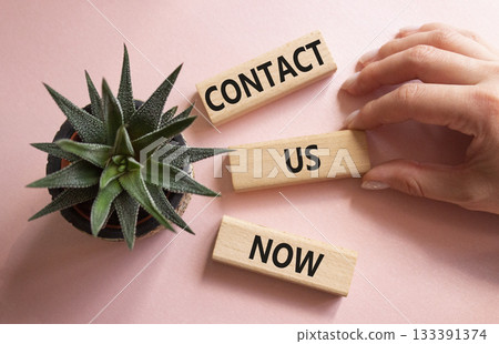 Contact us now symbol. Wooden blocks with words Contact us now. Beautiful pink background with succulent plant. Businessman hand. Business and Contact us now concept. Copy space. 133391374