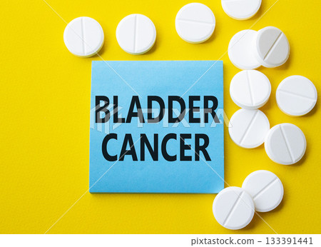 Bladder Cancer symbol. Concept word Bladder Cancer on blue note. Beautiful yellow background with pills. Medicine and Bladder Cancer concept. Copy space 133391441