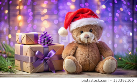 Teddy bear wearing a Santa hat sitting next to a gift box Teddy bear wearing a Santa hat sitting next to a gift box 133392100