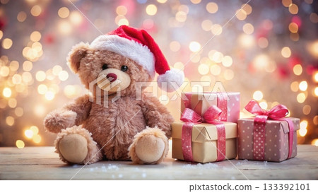 Teddy bear wearing a Santa hat sitting next to a gift box Teddy bear wearing a Santa hat sitting next to a gift box 133392101