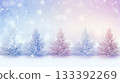 Winter landscape with trees in frost. Violet winter holidays background with frozen trees. Generated AI 133392269