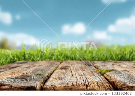Summer Sky Blue,Cloud over Green bushes leaves on brown wood fence background. Euonymus fortunei Emerald,Gold Spindle Evergreen Shrub Hedge on old wooden in sunny day Spring,Fresness Nature background 133392402