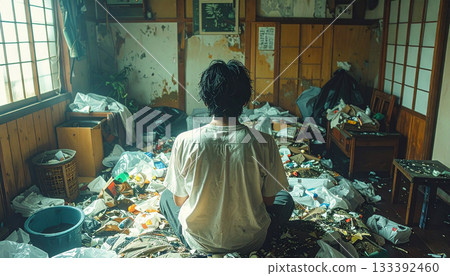 一個男人住在凌亂的房間裡（人工智慧產生的圖像） 133392460