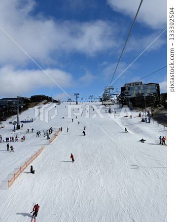 Victoria, Australia - July 4, 2024 : Unidentified people enjoy skiing at Mount Buller Alpine Resort in Victoria, Australia on July 4, 2024. 133392504