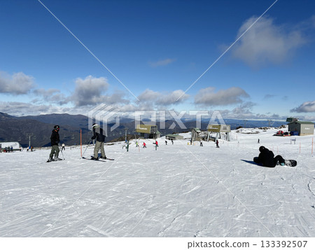 Victoria, Australia - July 4, 2024 : Unidentified people enjoy skiing at Mount Buller Alpine Resort in Victoria, Australia on July 4, 2024. 133392507