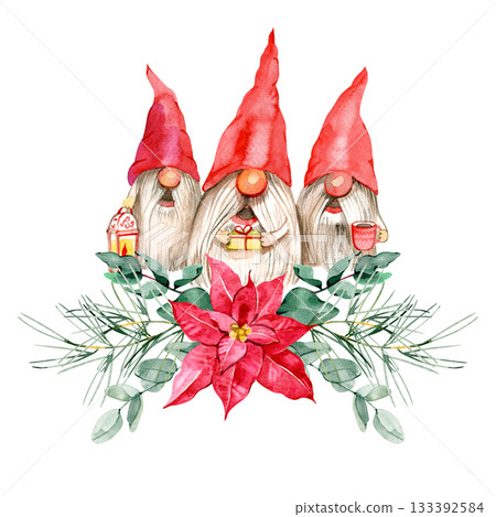 Watercolor Christmas gnomes with gifts, lantern and hot drink surrounded by poinsettia, pine branches and greenery. Cute festive illustration for holiday cards, decor and winter design. 133392584