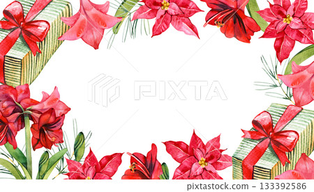 Festive watercolor frame with gift boxes, red flowers and green foliage. Perfect for Christmas cards, invitations, seasonal greetings, winter celebration designs and holiday stationery. Festive watercolor frame with gift boxes, red flowers and green foliage. Perfect for Christmas cards, invitations, seasonal greetings, winter celebration designs and holiday stationery. 133392586