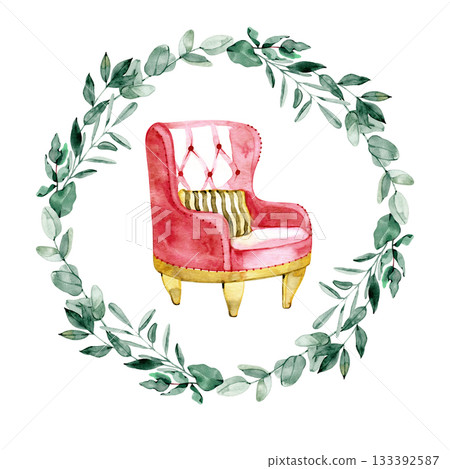 Watercolor pink vintage armchair inside eucalyptus wreath. Elegant cozy interior illustration for posters, invitations, branding, decor and home design projects. Watercolor pink vintage armchair inside eucalyptus wreath. Elegant cozy interior illustration for posters, invitations, branding, decor and home design projects. 133392587