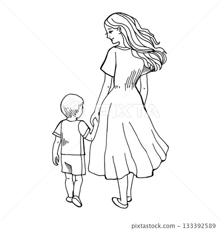 A graceful line drawing of a mother walking hand in hand with her child. The flowing dress and gentle motion convey harmony, trust, and connection, perfect for family, motherhood, and holiday 133392589