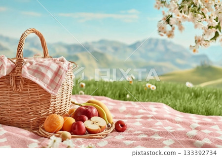 The photograph about a picnic set up on green grass, against on hill sight background. A rattan basket with some fresh fruit displayed on pink checkered carpet. Blank space for product displaying 133392734