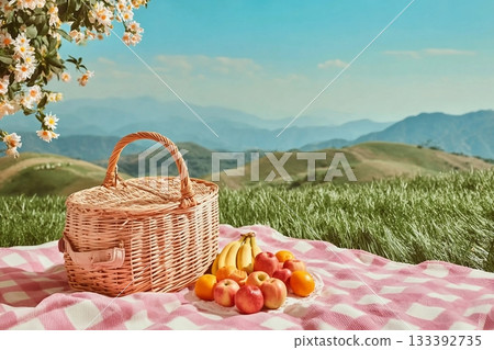The photograph about a picnic set up on green grass, against on hill sight background. A rattan basket with some fresh fruit displayed on pink checkered carpet. Blank space for product displaying The photograph about a picnic set up on green grass, against on hill sight background. A rattan basket with some fresh fruit displayed on pink checkered carpet. Blank space for product displaying 133392735