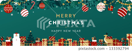 Christmas banner background template (green) decorated with Christmas ornaments and gift boxes Christmas banner background template (green) decorated with Christmas ornaments and gift boxes 133392794