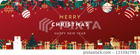 Christmas banner background template (red) decorated with Christmas ornaments and present boxes 133392795