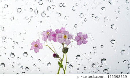 【AI生成圖像】插畫風格：透過玻璃看到的水滴和可愛的花朵 133392819