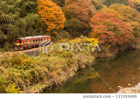 The autumn leaves along the line are the same color as the train! 133393480