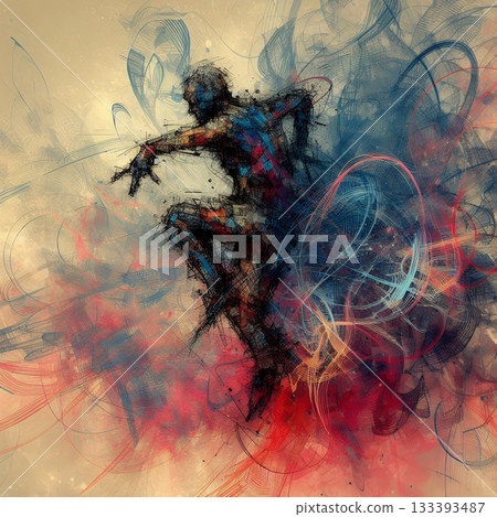 Abstract Artistic Illustration of a Dancer in Motion with Vibrant Energy and Dynamic Colors with Generative AI. Abstract Artistic Illustration of a Dancer in Motion with Vibrant Energy and Dynamic Colors with Generative AI. 133393487