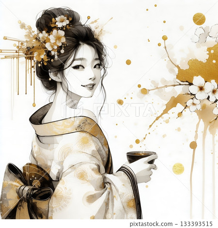 Elegant Japanese Woman in Kimono with Traditional Ink and Gold Floral Art Illustration. 133393515