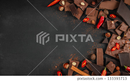 Assorted chocolate pieces with chili peppers, nuts and cinnamon on dark background with copy space Assorted chocolate pieces with chili peppers, nuts and cinnamon on dark background with copy space 133393713