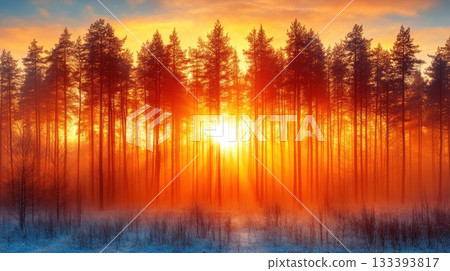 Vibrant sunset behind tall pine trees creates a breathtaking natural landscape in winter Vibrant sunset behind tall pine trees creates a breathtaking natural landscape in winter 133393817