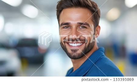 Smiling man in a garage setting during working hours with vehicles in the background 133393869