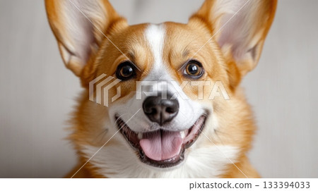 Happy corgi smiling in a cozy indoor setting during daytime 133394033