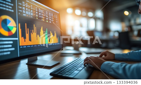 Analyzing data on a computer screen in an office during the late afternoon 133394036