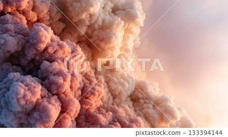 Vibrant clouds of smoke rise during sunset near a volcanic eruption in nature 133394144