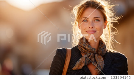 Woman smiling in a sunlit street wearing a stylish outfit and scarf during golden hour 133394145