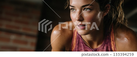 Focused athlete preparing for an intense workout in an urban gym setting 133394259