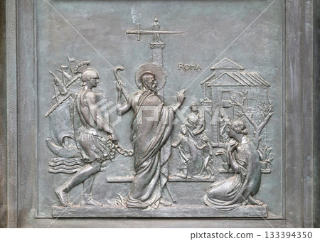 Bronze door with the image of the life of St. Paul: Paul reaches Rome and is welcomed by the faithful, basilica of Saint Paul Outside the Walls, Rome, Italy 133394350