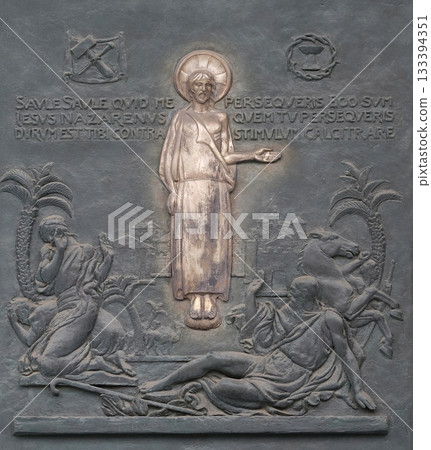 Bronze door with the image of the life of St. Paul: St Paul's Conversion, basilica of Saint Paul Outside the Walls, Rome, Italy 133394351