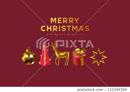 3D golden and red Christmas vector composition with reindeer, tree, gift, bauble and star on dark red background. Elegant minimal festive greeting design for Merry Christmas and New Year. 133394394