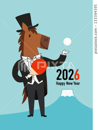 這是一張2026年馬年新年賀卡的向量插圖，描繪了一匹身著盛裝的駿馬在富士山前打乒乓球。 133394395