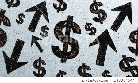 Financial growth symbols with dollar signs and arrows on light textured background 133394544