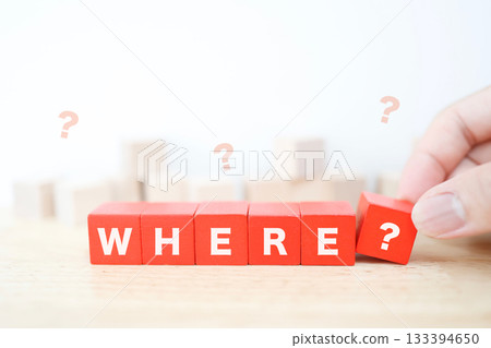 A simple composition that asks the question with a red block indicating WHERE and a question mark. A simple composition that asks the question with a red block indicating WHERE and a question mark. 133394650