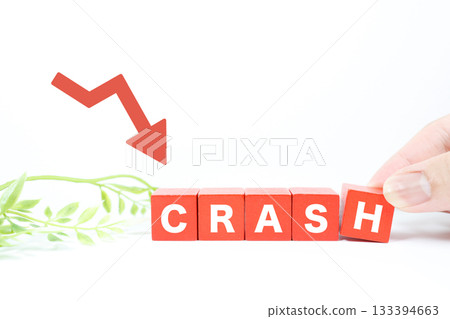 Concept of a red block and falling arrow indicating a stock market crash. Concept of a red block and falling arrow indicating a stock market crash. 133394663