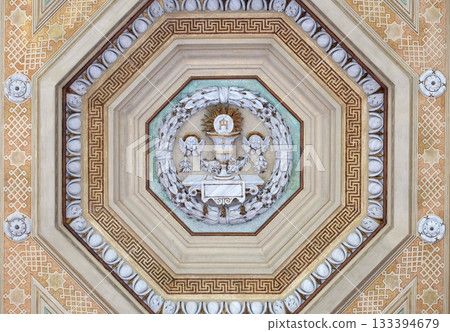 Eucharist chalice and wafer, stucco decoration, basilica of Saint Paul Outside the Walls, Rome, Italy 133394679