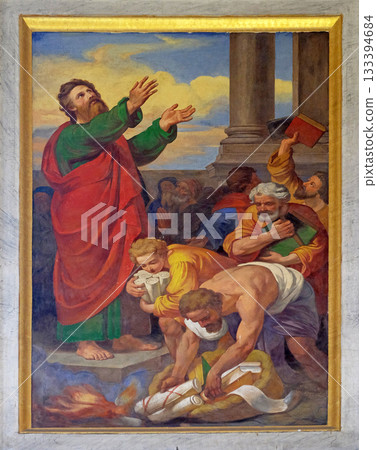 The fresco with the image of the life of St. Paul: Books and Scrolls are Burned, basilica of Saint Paul Outside the Walls, Rome, Italy 133394684