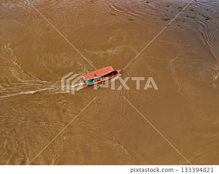River Boats Aerial View Waterway Transport Thai River from Above flood River Boats Aerial View Waterway Transport Thai River from Above flood 133394821
