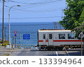 A local railroad crossing overlooking the sea 133394964