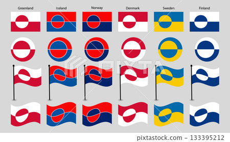Nordic Countries Flag Icons Set - Greenland, Iceland, Scandinavia National Symbols Collection. Nordic Countries Flag Icons Set - Greenland, Iceland, Scandinavia National Symbols Collection. 133395212